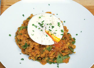 Braised Lentils with Arugula and Poached Eggs
