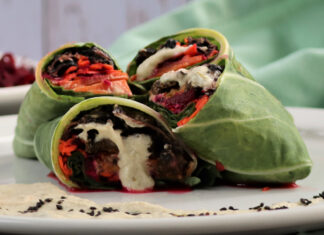 Kimchi Collard Parcels with Sesame Mushroom Stuffing & Smoky Fermented Cilantro Cream