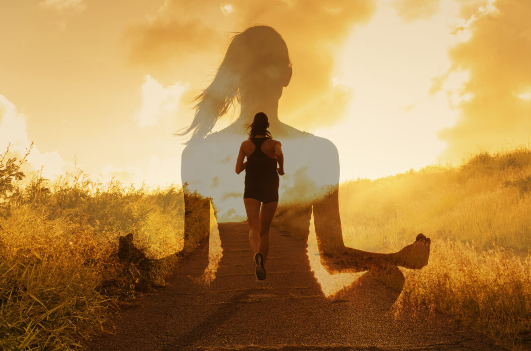 Silhouette Of Female Runner Inside Meditating Figure At Sunrise, Evoking Mindful Fitness And Inner Peace, Mind Body Spirit