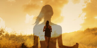 Silhouette Of Female Runner Inside Meditating Figure At Sunrise, Evoking Mindful Fitness And Inner Peace, Mind Body Spirit