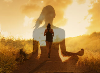 Silhouette Of Female Runner Inside Meditating Figure At Sunrise, Evoking Mindful Fitness And Inner Peace, Mind Body Spirit