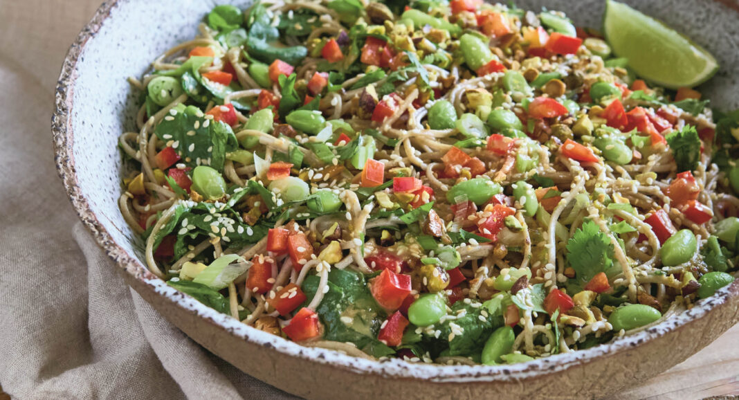 Edamame and Pistachio Soba Noodle Spinach Salad