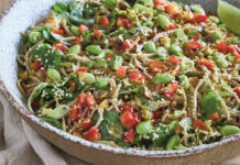 Edamame and Pistachio Soba Noodle Spinach Salad