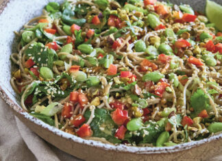 Edamame and Pistachio Soba Noodle Spinach Salad